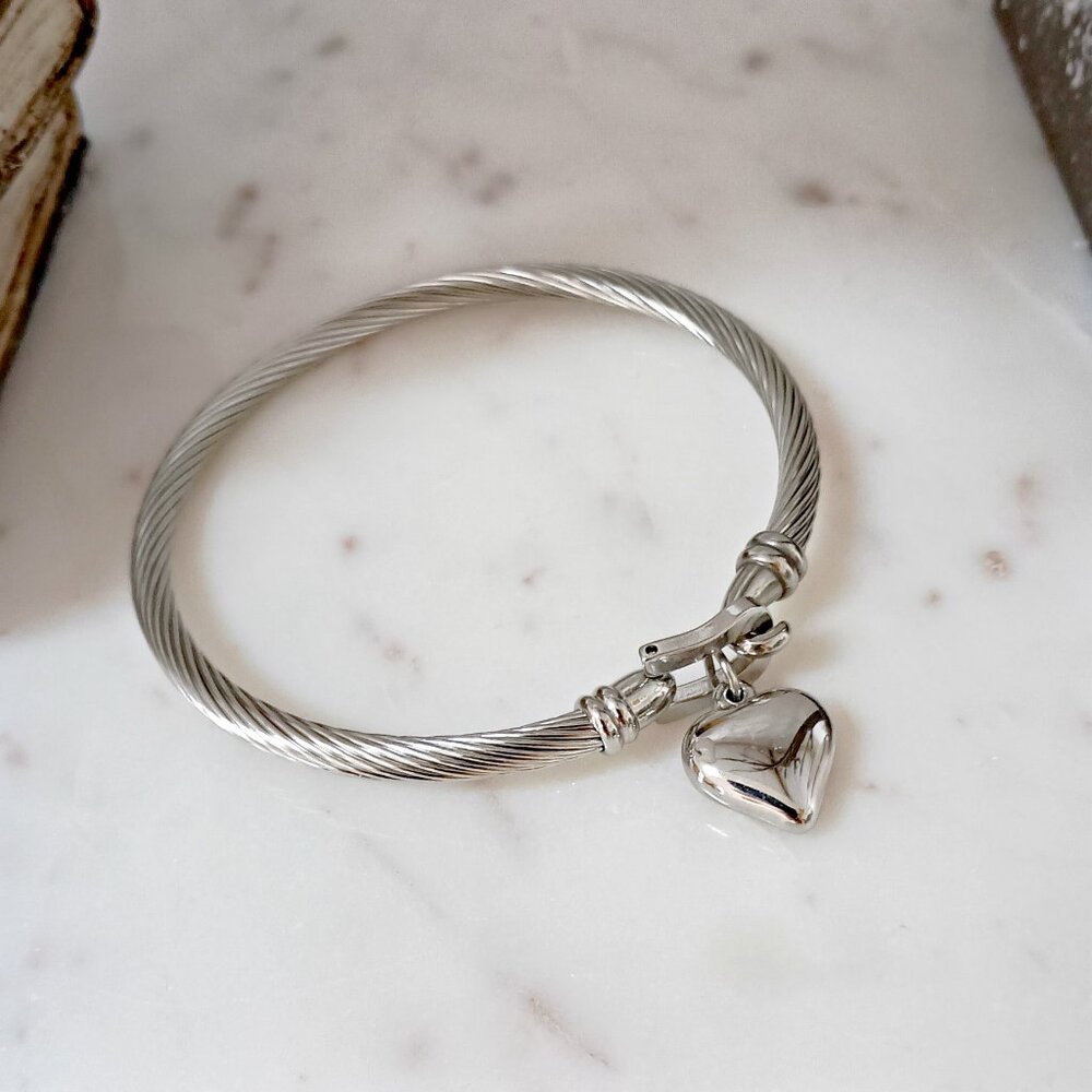 NEW! PUFFY Silver HEART Stainless POLISHED Bangle BRACELET